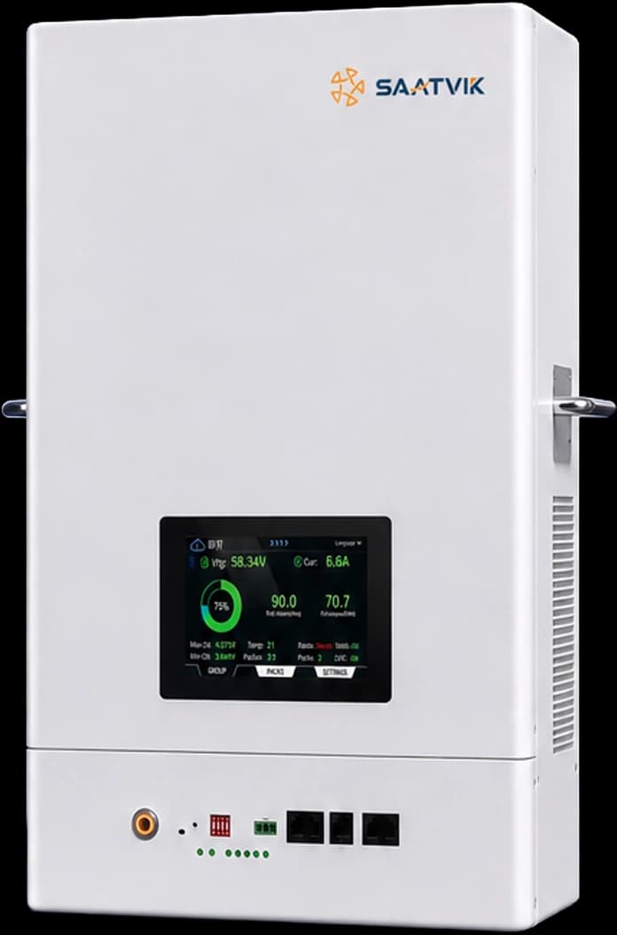 Saatvik UDAY Shakti Li-ion inverter battery — wall-mounted unit with an LCD status display