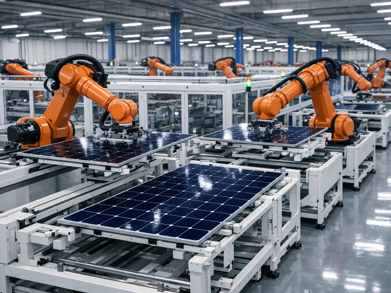 Robotic arms placing solar modules on an automated line inside a Saatvik manufacturing facility